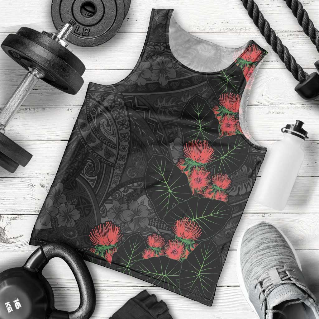 Hawaiian Taro Leaves and Ohia Lehua Men Tank Top Polynesian Tribal Art Tropical Plants Motifs Grayscale LT03 - Polynesian Pride