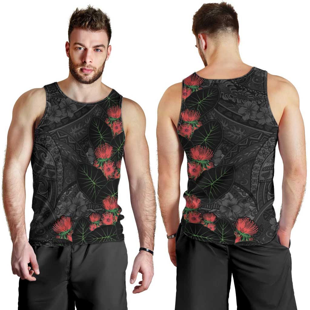 Hawaiian Taro Leaves and Ohia Lehua Men Tank Top Polynesian Tribal Art Tropical Plants Motifs Grayscale LT03 - Polynesian Pride