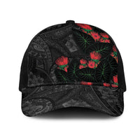 Hawaiian Taro Leaves and Ohia Lehua Mesh Trucker Cap Polynesian Tribal Art Tropical Plants Motifs Grayscale
