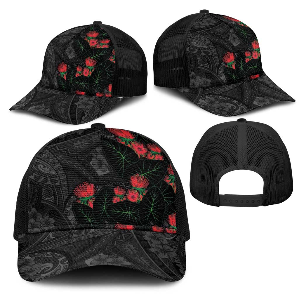 Hawaiian Taro Leaves and Ohia Lehua Mesh Trucker Cap Polynesian Tribal Art Tropical Plants Motifs Grayscale