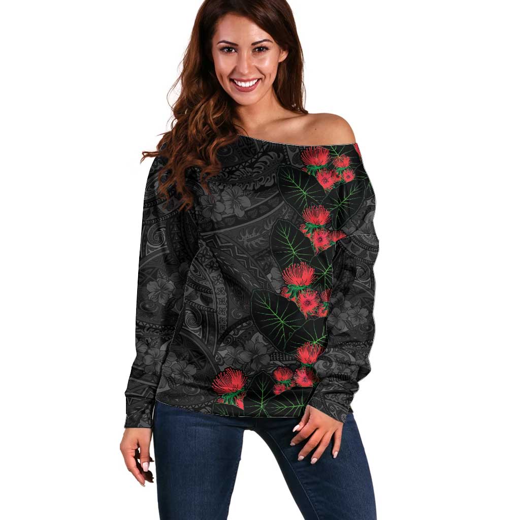 Hawaiian Taro Leaves and Ohia Lehua Off Shoulder Sweater Polynesian Tribal Art Tropical Plants Motifs Grayscale LT03 Women Multicolor - Polynesian Pride