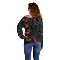 Hawaiian Taro Leaves and Ohia Lehua Off Shoulder Sweater Polynesian Tribal Art Tropical Plants Motifs Grayscale LT03 - Polynesian Pride