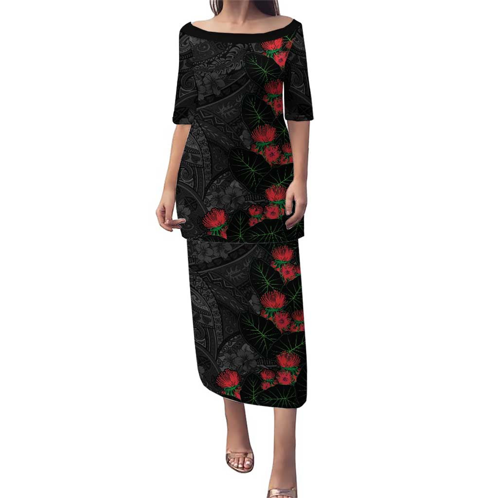 Hawaiian Taro Leaves and Ohia Lehua Puletasi Polynesian Tribal Art Tropical Plants Motifs Grayscale LT03 Long Dress Multicolor - Polynesian Pride