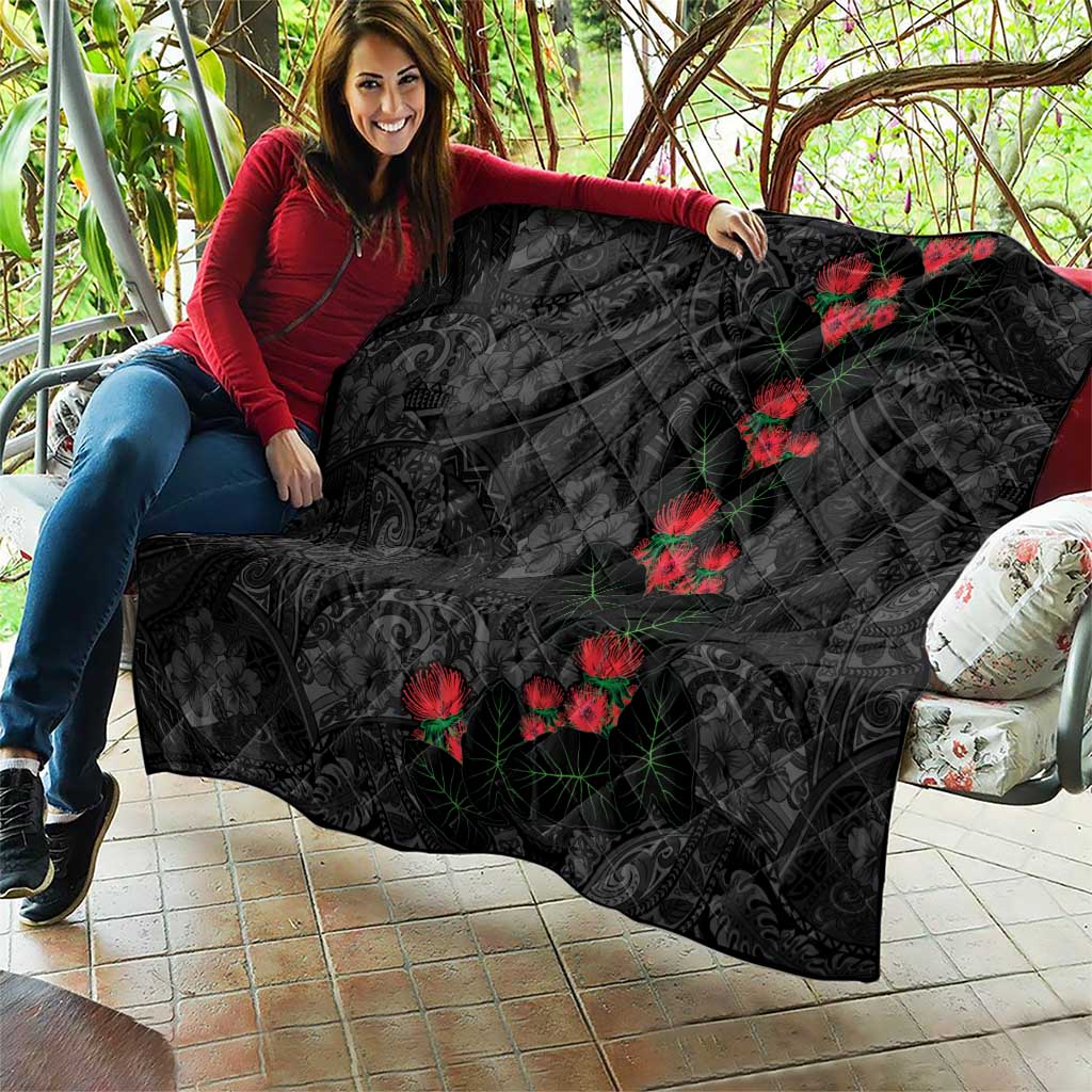 Hawaiian Taro Leaves and Ohia Lehua Quilt Polynesian Tribal Art Tropical Plants Motifs Grayscale LT03 - Polynesian Pride