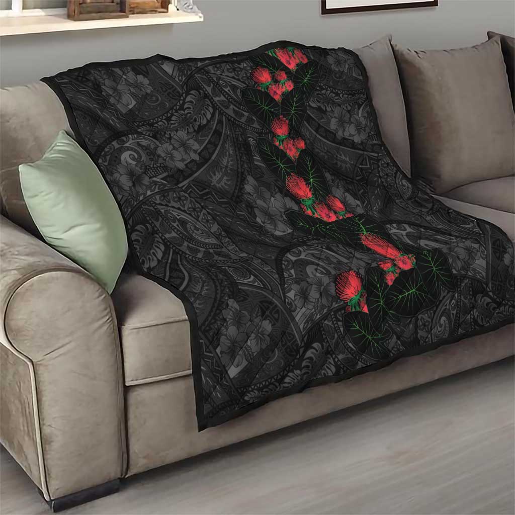 Hawaiian Taro Leaves and Ohia Lehua Quilt Polynesian Tribal Art Tropical Plants Motifs Grayscale LT03 - Polynesian Pride