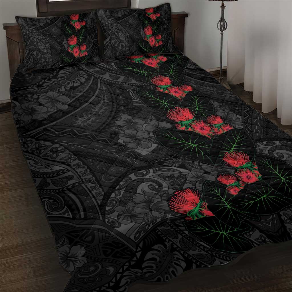 Hawaiian Taro Leaves and Ohia Lehua Quilt Bed Set Polynesian Tribal Art Tropical Plants Motifs Grayscale LT03 Multicolor - Polynesian Pride