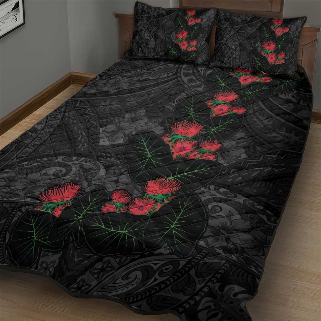 Hawaiian Taro Leaves and Ohia Lehua Quilt Bed Set Polynesian Tribal Art Tropical Plants Motifs Grayscale LT03 - Polynesian Pride