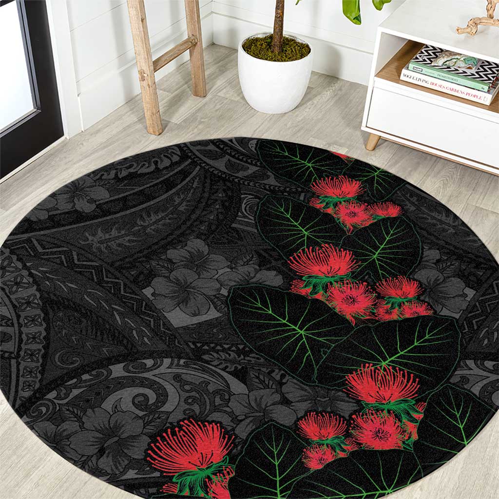 Hawaiian Taro Leaves and Ohia Lehua Round Carpet Polynesian Tribal Art Tropical Plants Motifs Grayscale LT03 Multicolor - Polynesian Pride