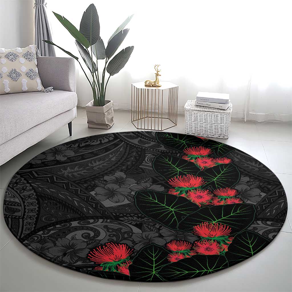Hawaiian Taro Leaves and Ohia Lehua Round Carpet Polynesian Tribal Art Tropical Plants Motifs Grayscale LT03 - Polynesian Pride