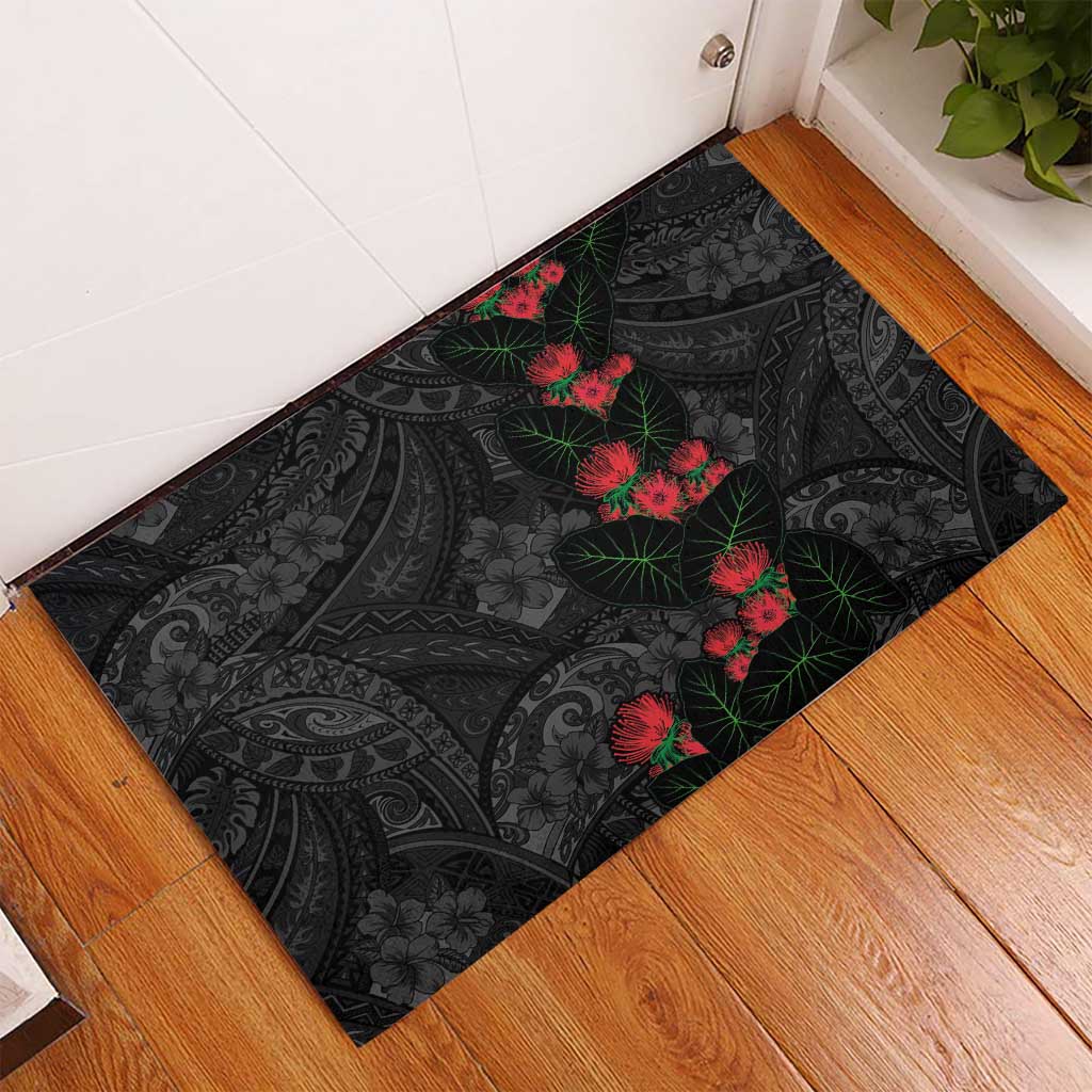 Hawaiian Taro Leaves and Ohia Lehua Rubber Doormat Polynesian Tribal Art Tropical Plants Motifs Grayscale LT03 - Polynesian Pride