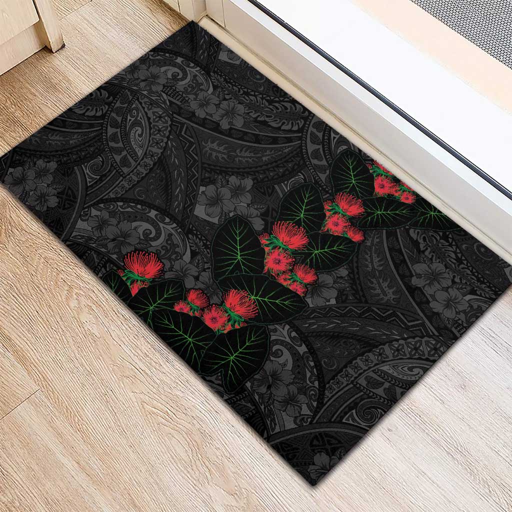 Hawaiian Taro Leaves and Ohia Lehua Rubber Doormat Polynesian Tribal Art Tropical Plants Motifs Grayscale LT03 - Polynesian Pride