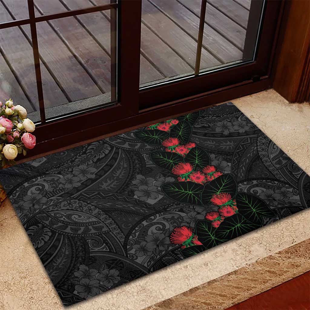 Hawaiian Taro Leaves and Ohia Lehua Rubber Doormat Polynesian Tribal Art Tropical Plants Motifs Grayscale LT03 - Polynesian Pride