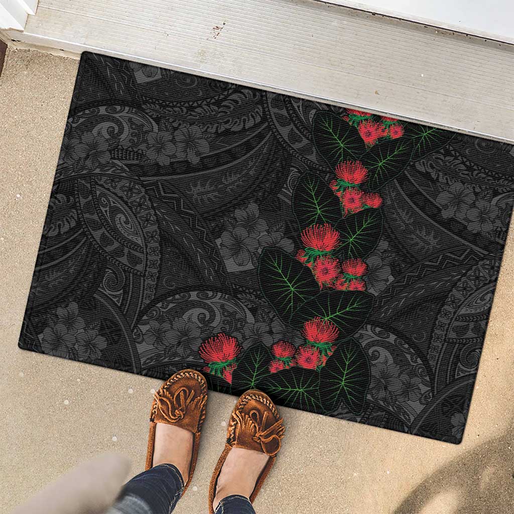 Hawaiian Taro Leaves and Ohia Lehua Rubber Doormat Polynesian Tribal Art Tropical Plants Motifs Grayscale LT03 - Polynesian Pride
