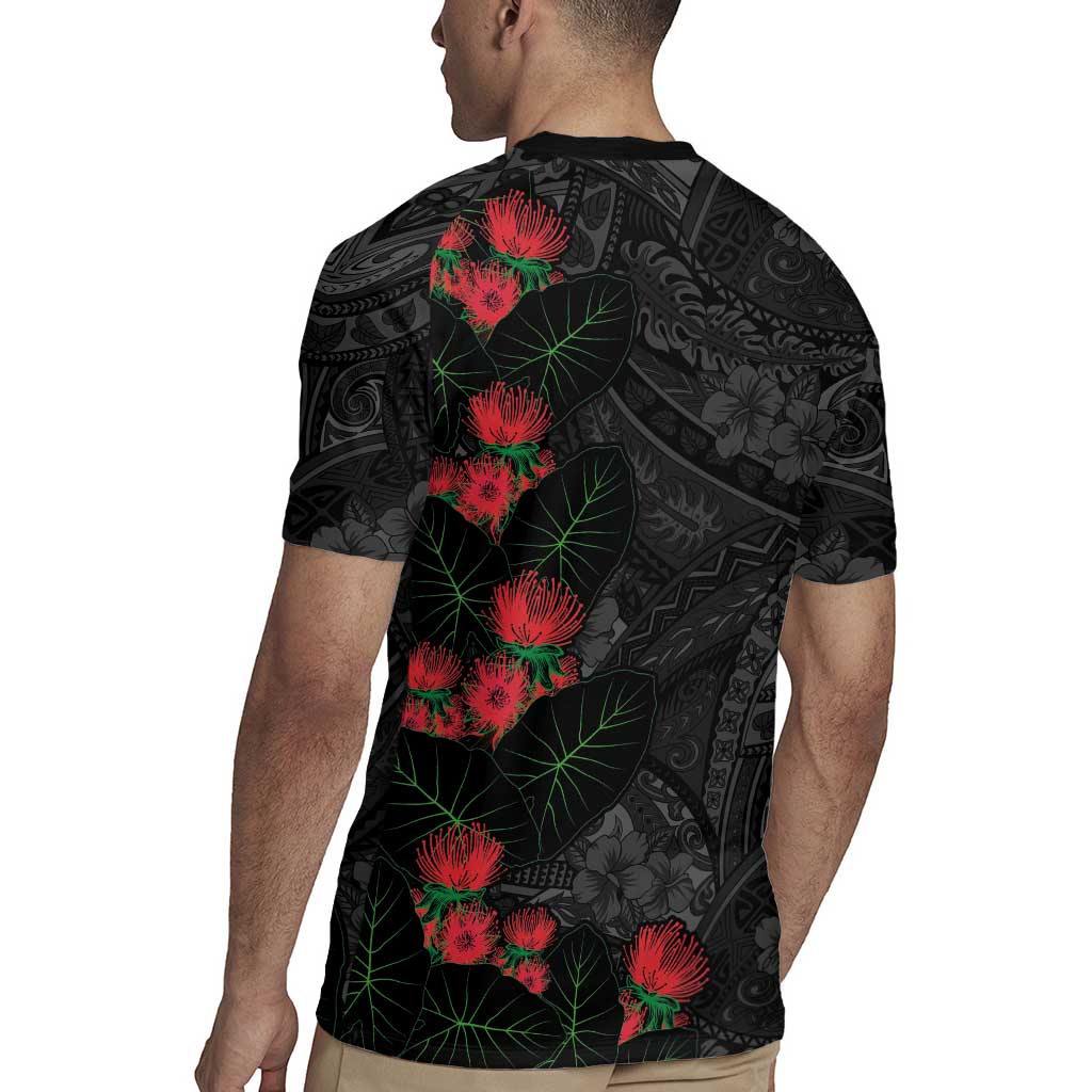 Hawaiian Taro Leaves and Ohia Lehua Rugby Jersey Polynesian Tribal Art Tropical Plants Motifs Grayscale LT03 - Polynesian Pride