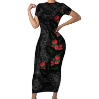 Hawaiian Taro Leaves and Ohia Lehua Short Sleeve Bodycon Dress Polynesian Tribal Art Tropical Plants Motifs Grayscale LT03 Long Dress Multicolor - Polynesian Pride