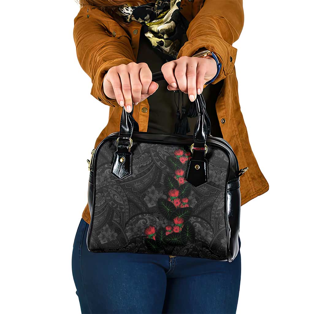 Hawaiian Taro Leaves and Ohia Lehua Shoulder Handbag Polynesian Tribal Art Tropical Plants Motifs Grayscale