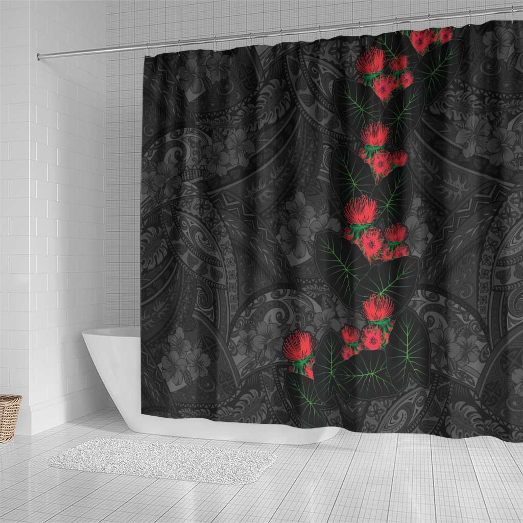 Hawaiian Taro Leaves and Ohia Lehua Shower Curtain Polynesian Tribal Art Tropical Plants Motifs Grayscale LT03 - Polynesian Pride