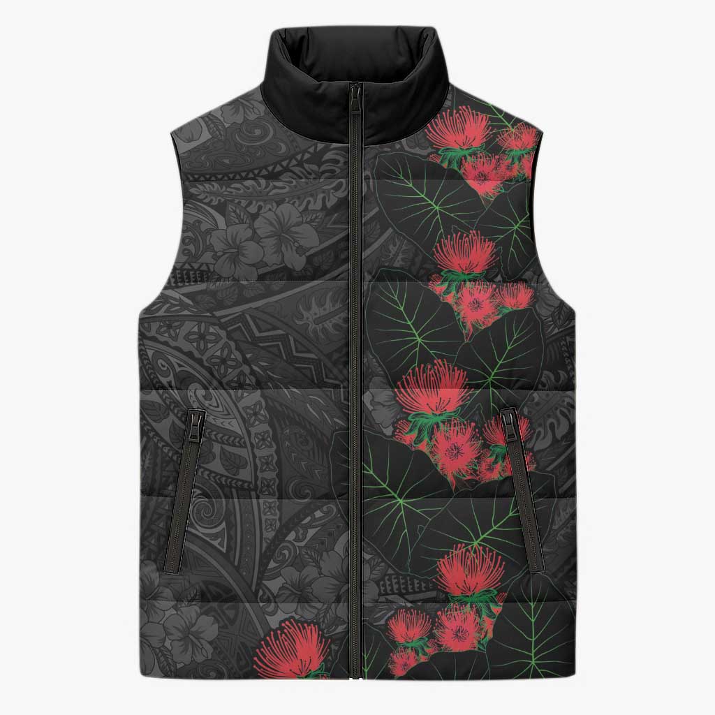 Hawaiian Taro Leaves and Ohia Lehua Sleeveless Puffer Jacket Polynesian Tribal Art Tropical Plants Motifs Grayscale