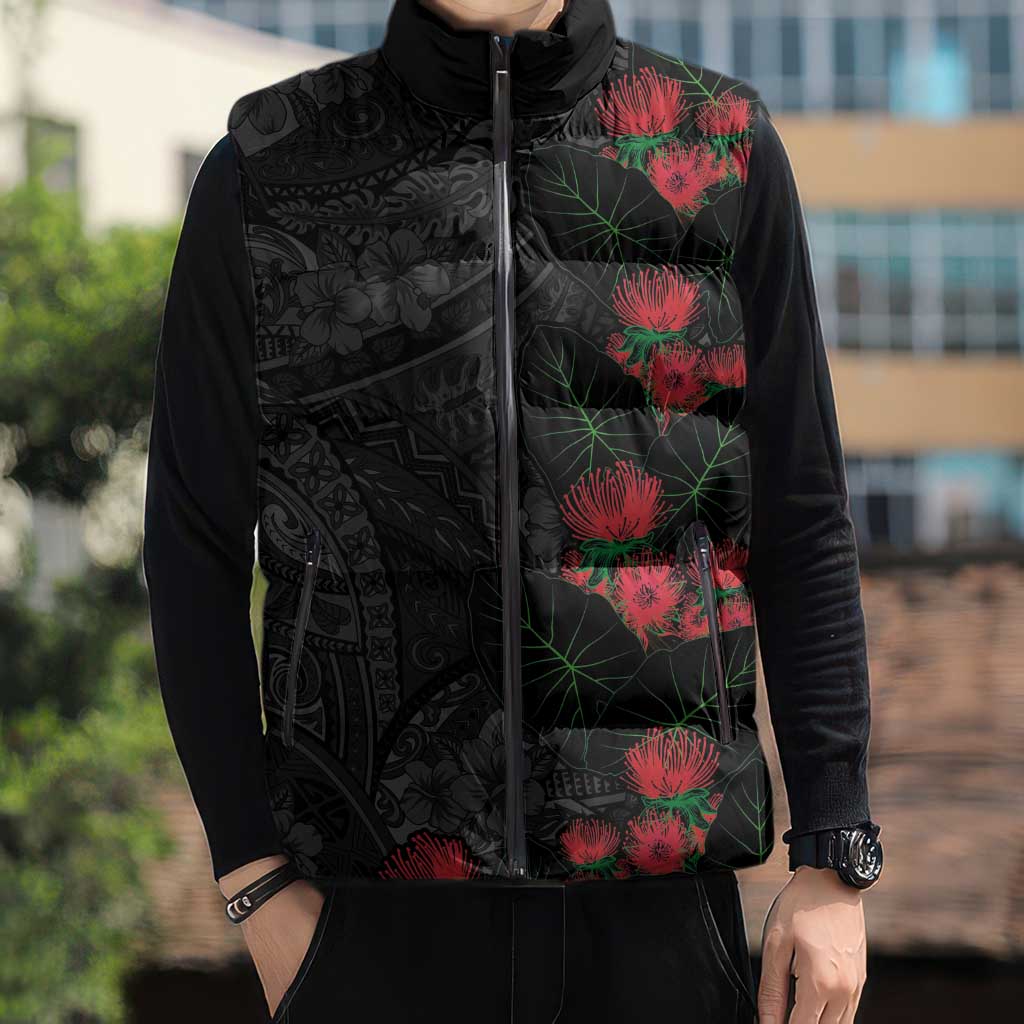 Hawaiian Taro Leaves and Ohia Lehua Sleeveless Puffer Jacket Polynesian Tribal Art Tropical Plants Motifs Grayscale LT03 - Polynesian Pride