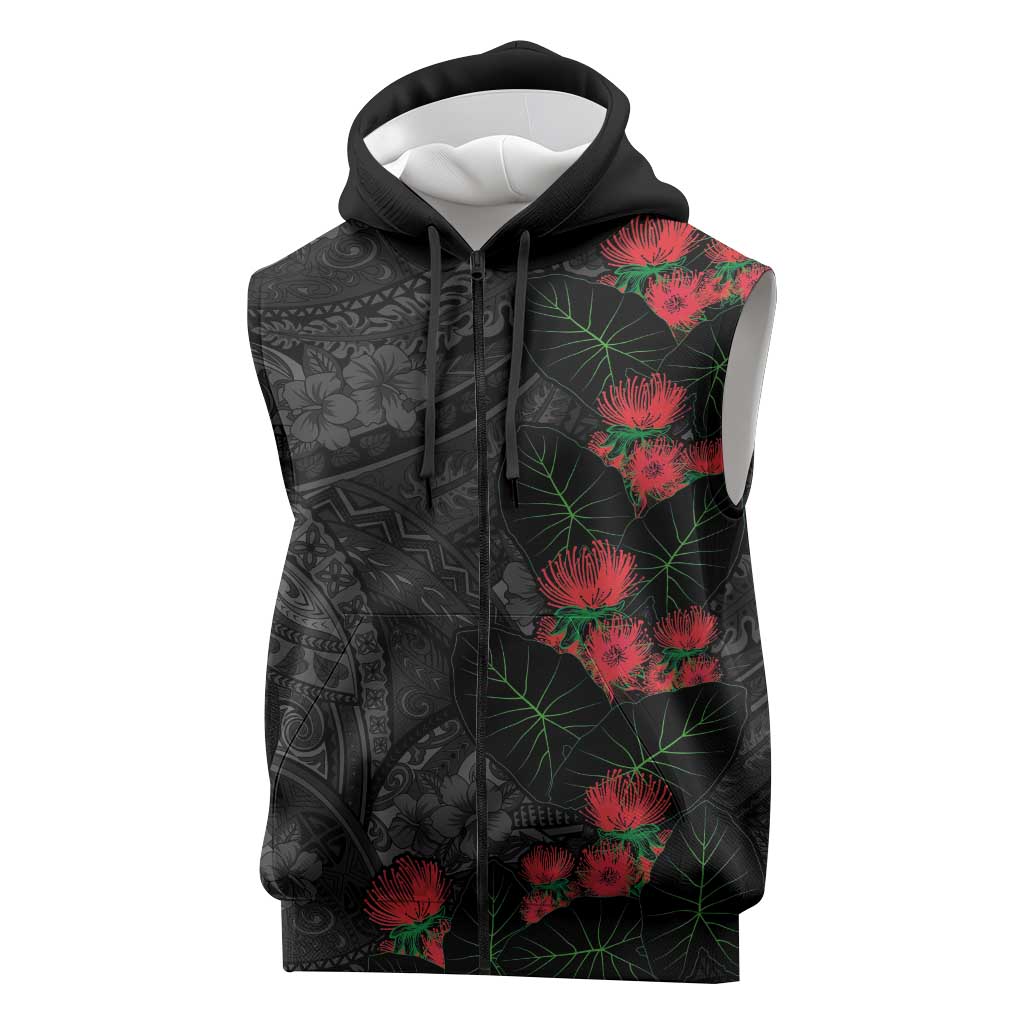 Hawaiian Taro Leaves and Ohia Lehua Sleeveless Zip Hoodie Polynesian Tribal Art Tropical Plants Motifs Grayscale LT03 Multicolor - Polynesian Pride