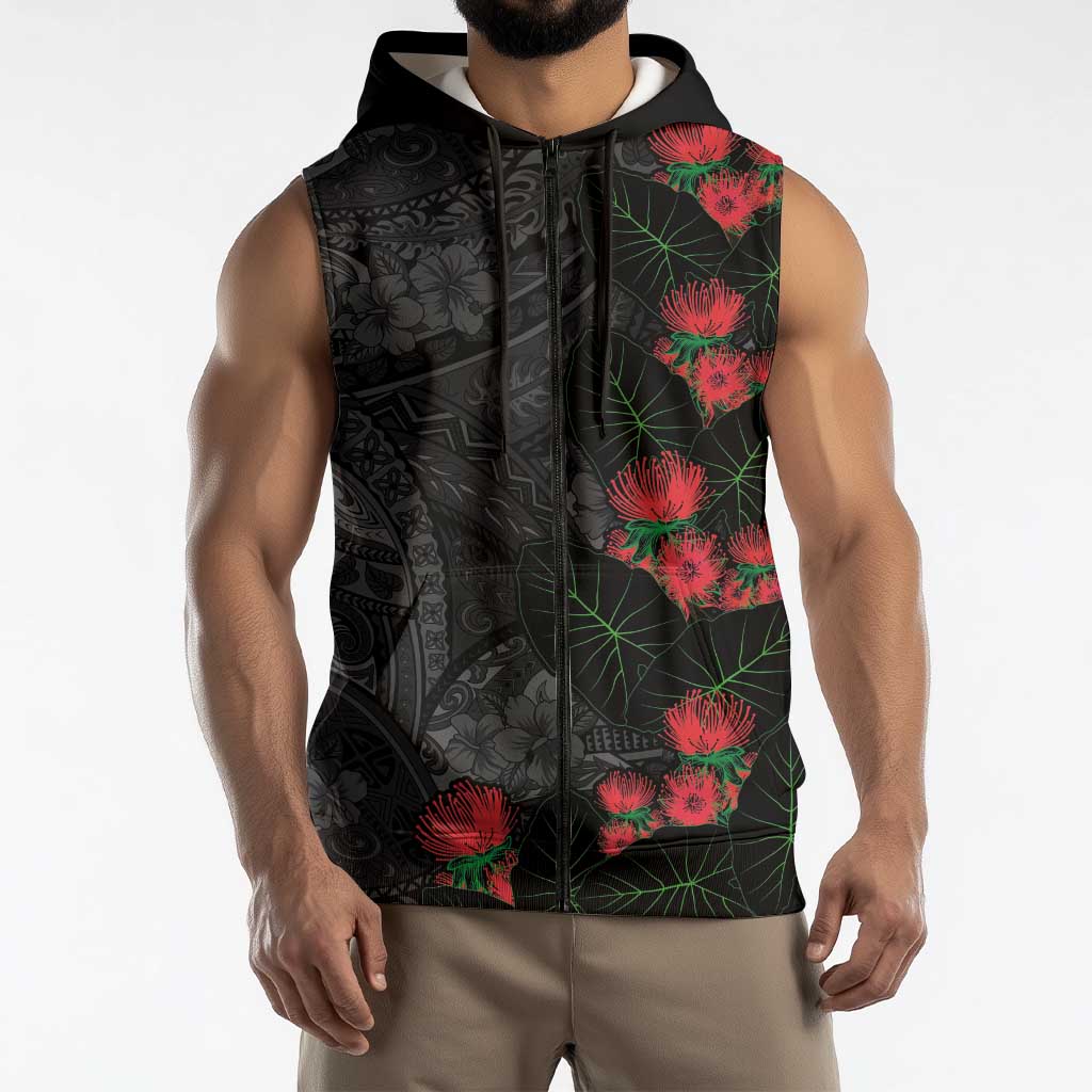 Hawaiian Taro Leaves and Ohia Lehua Sleeveless Zip Hoodie Polynesian Tribal Art Tropical Plants Motifs Grayscale LT03 - Polynesian Pride