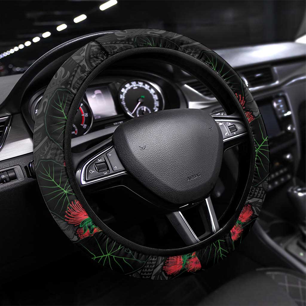 Hawaiian Taro Leaves and Ohia Lehua Steering Wheel Cover Polynesian Tribal Art Tropical Plants Motifs Grayscale