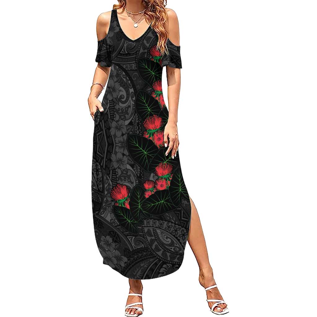 Hawaiian Taro Leaves and Ohia Lehua Summer Maxi Dress Polynesian Tribal Art Tropical Plants Motifs Grayscale