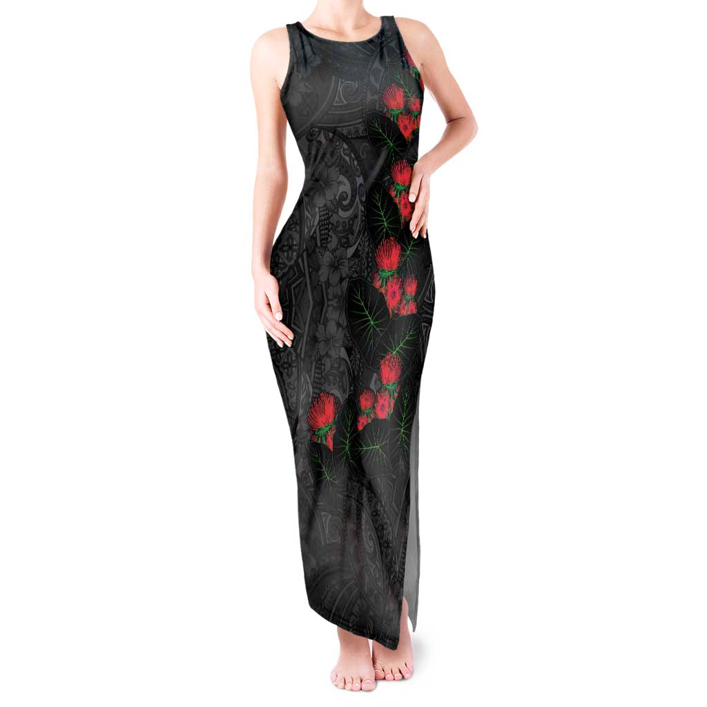 Hawaiian Taro Leaves and Ohia Lehua Tank Maxi Dress Polynesian Tribal Art Tropical Plants Motifs Grayscale