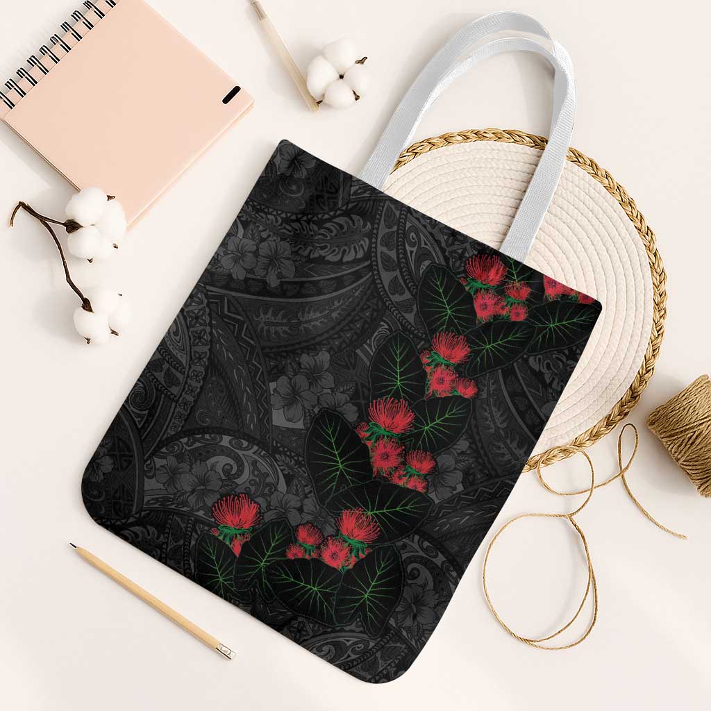 Hawaiian Taro Leaves and Ohia Lehua Tote Bag Polynesian Tribal Art Tropical Plants Motifs Grayscale LT03 White Strap One Size Multicolor - Polynesian Pride