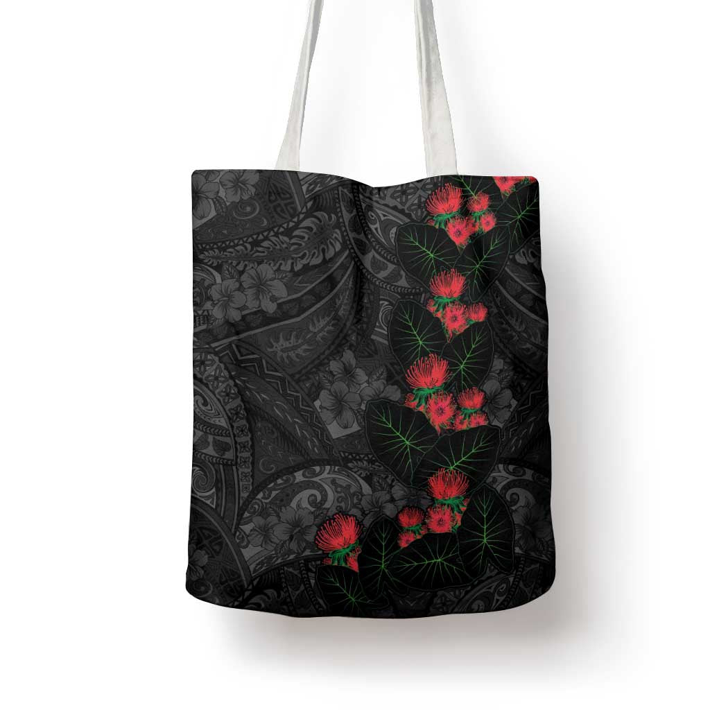 Hawaiian Taro Leaves and Ohia Lehua Tote Bag Polynesian Tribal Art Tropical Plants Motifs Grayscale LT03 - Polynesian Pride