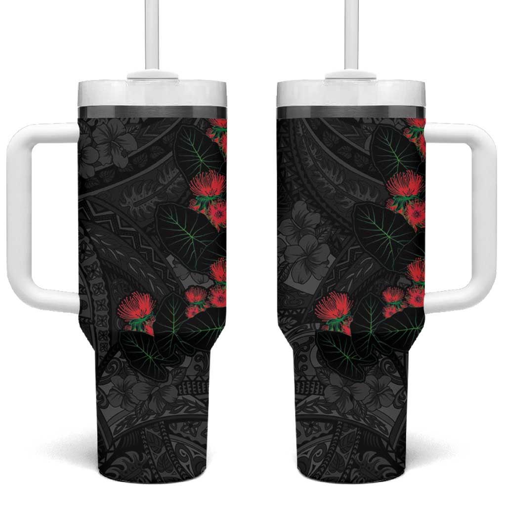 Hawaiian Taro Leaves and Ohia Lehua Tumbler With Handle Polynesian Tribal Art Tropical Plants Motifs Grayscale LT03 One Size: 40 oz Multicolor - Polynesian Pride