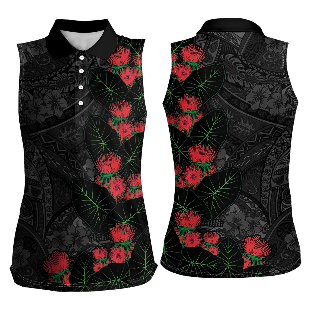 Hawaiian Taro Leaves and Ohia Lehua Women Sleeveless Polo Shirt Polynesian Tribal Art Tropical Plants Motifs Grayscale LT03 - Polynesian Pride