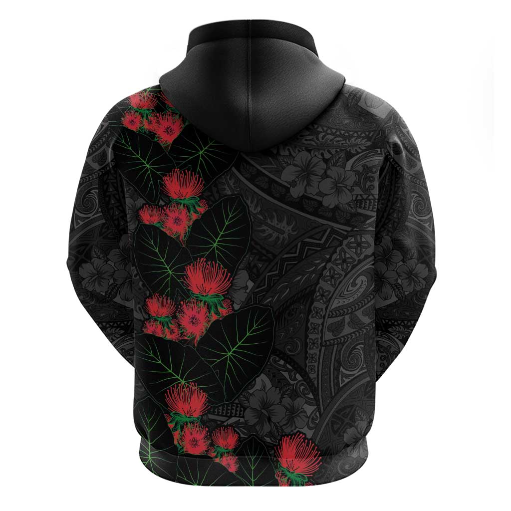 Hawaiian Taro Leaves and Ohia Lehua Zip Hoodie Polynesian Tribal Art Tropical Plants Motifs Grayscale LT03 - Polynesian Pride