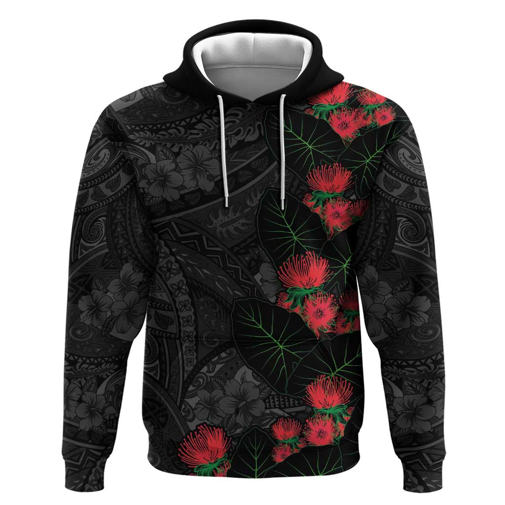 Hawaiian Taro Leaves and Ohia Lehua Zip Hoodie Polynesian Tribal Art Tropical Plants Motifs Grayscale LT03 Pullover Hoodie Multicolor - Polynesian Pride