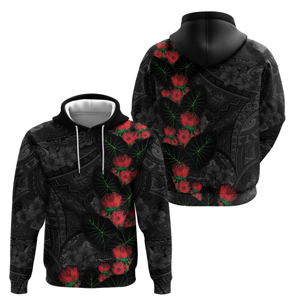 Hawaiian Taro Leaves and Ohia Lehua Zip Hoodie Polynesian Tribal Art Tropical Plants Motifs Grayscale LT03 - Polynesian Pride