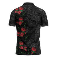 Hawaiian Taro Leaves and Ohia Lehua Zipper Polo Shirt Polynesian Tribal Art Tropical Plants Motifs Grayscale LT03 - Polynesian Pride