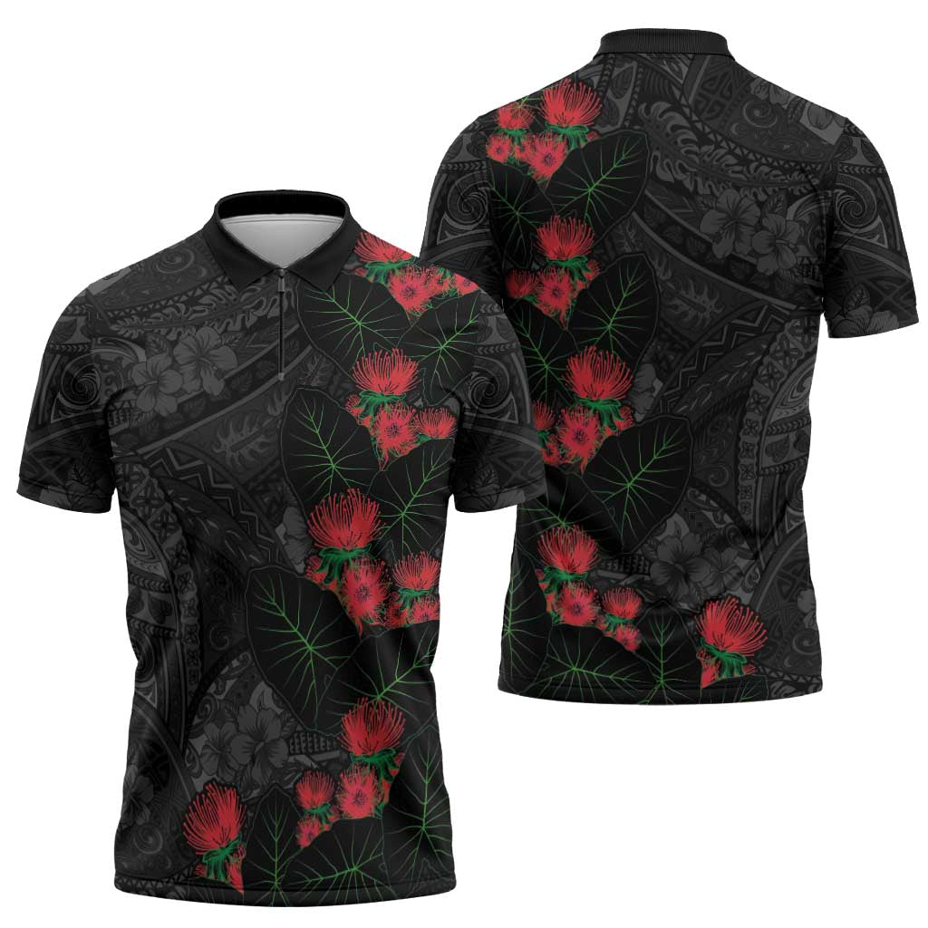 Hawaiian Taro Leaves and Ohia Lehua Zipper Polo Shirt Polynesian Tribal Art Tropical Plants Motifs Grayscale LT03 - Polynesian Pride
