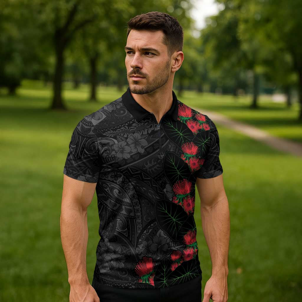Hawaiian Taro Leaves and Ohia Lehua Zipper Polo Shirt Polynesian Tribal Art Tropical Plants Motifs Grayscale LT03 - Polynesian Pride