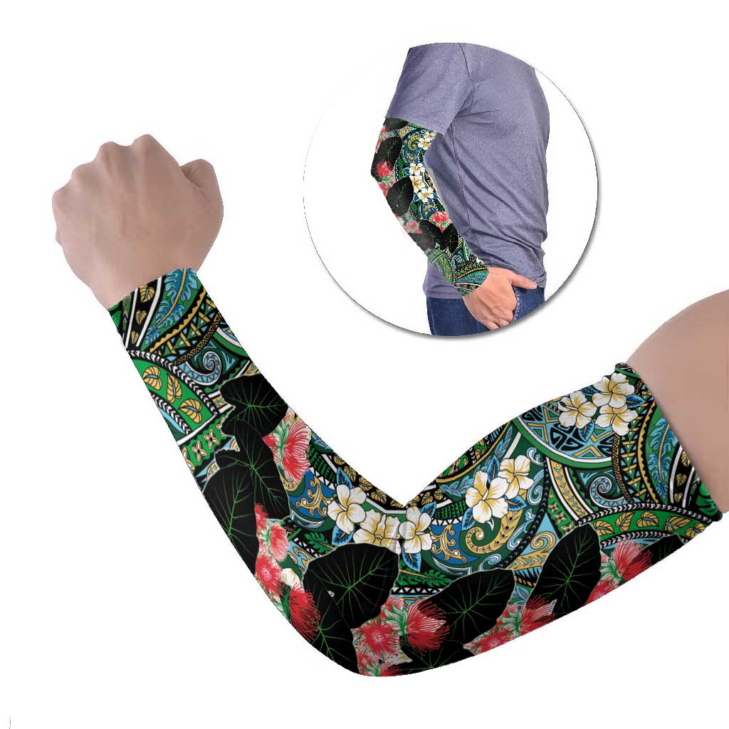Hawaiian Taro Leaves and Ohia Lehua Arm Sleeves Polynesian Tribal Art Tropical Plants Motifs Colorful