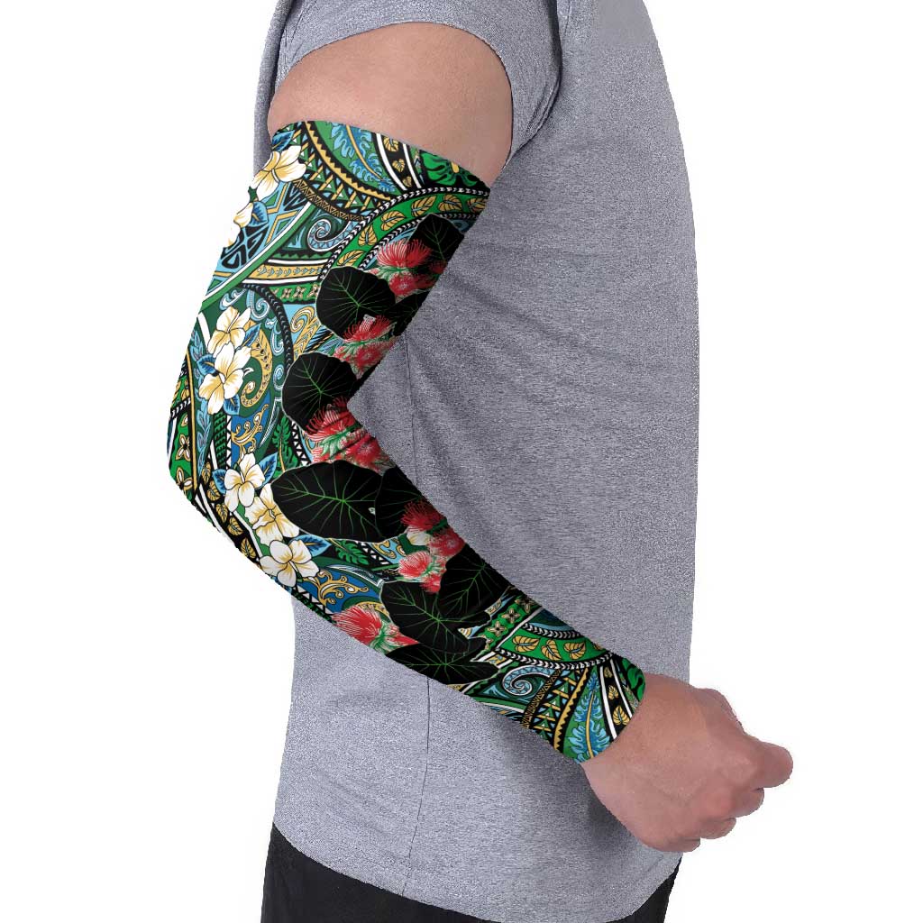 Hawaiian Taro Leaves and Ohia Lehua Arm Sleeves Polynesian Tribal Art Tropical Plants Motifs Colorful LT03 - Polynesian Pride