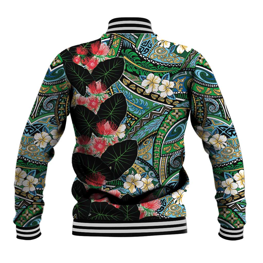 Hawaiian Taro Leaves and Ohia Lehua Baseball Jacket Polynesian Tribal Art Tropical Plants Motifs Colorful LT03 - Polynesian Pride