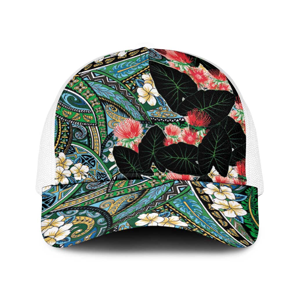 Hawaiian Taro Leaves and Ohia Lehua Baseball Net Cap Polynesian Tribal Art Tropical Plants Motifs Colorful LT03 One Size White Multicolor - Polynesian Pride