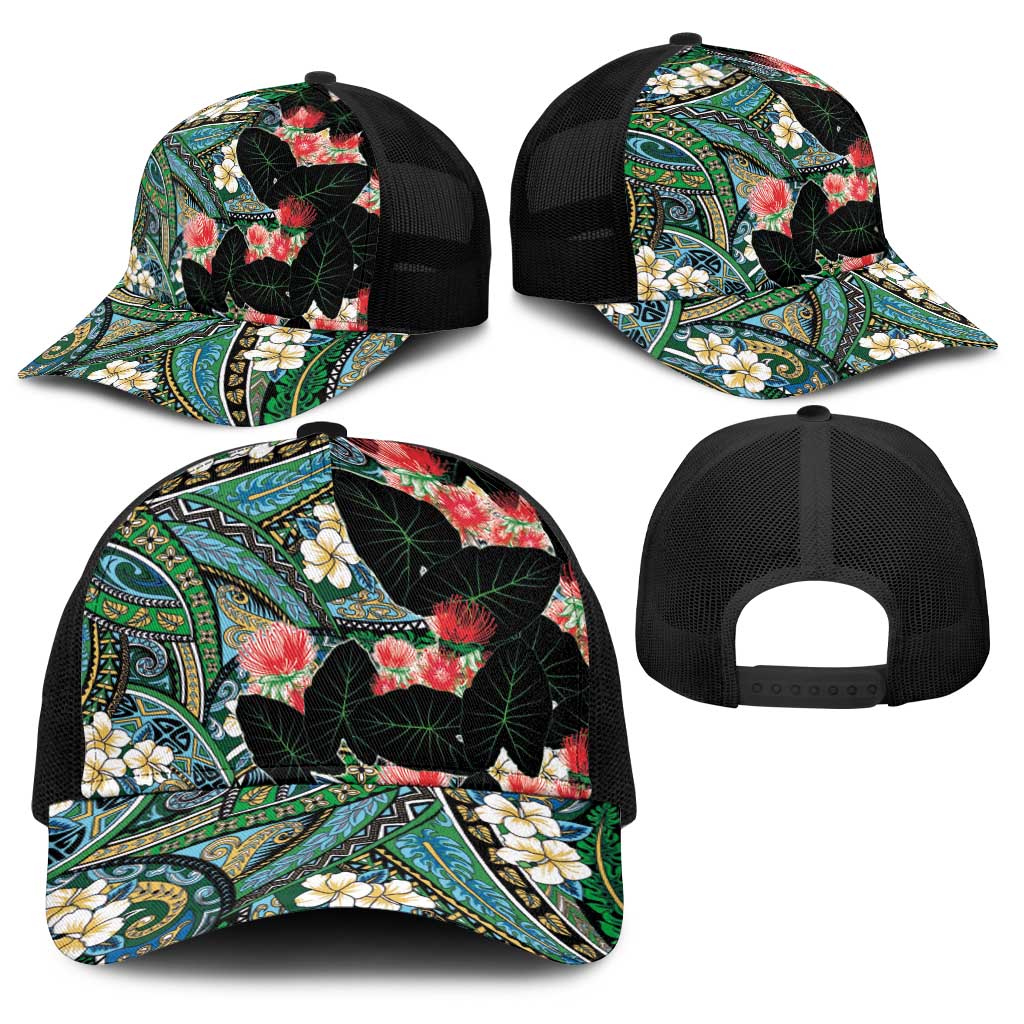 Hawaiian Taro Leaves and Ohia Lehua Baseball Net Cap Polynesian Tribal Art Tropical Plants Motifs Colorful LT03 - Polynesian Pride