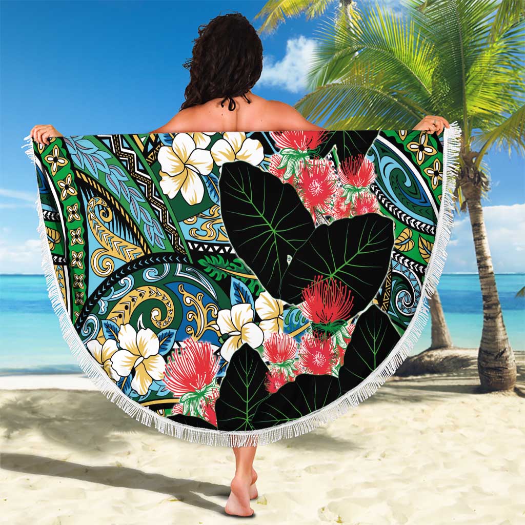 Hawaiian Taro Leaves and Ohia Lehua Beach Blanket Polynesian Tribal Art Tropical Plants Motifs Colorful LT03 - Polynesian Pride