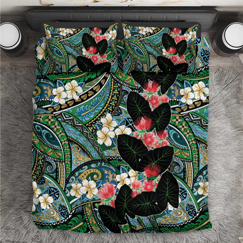 Hawaiian Taro Leaves and Ohia Lehua Bedding Set Polynesian Tribal Art Tropical Plants Motifs Colorful