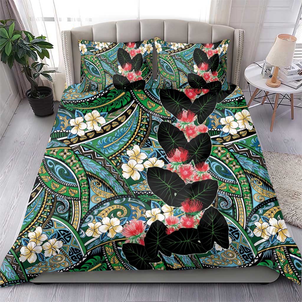 Hawaiian Taro Leaves and Ohia Lehua Bedding Set Polynesian Tribal Art Tropical Plants Motifs Colorful LT03 - Polynesian Pride