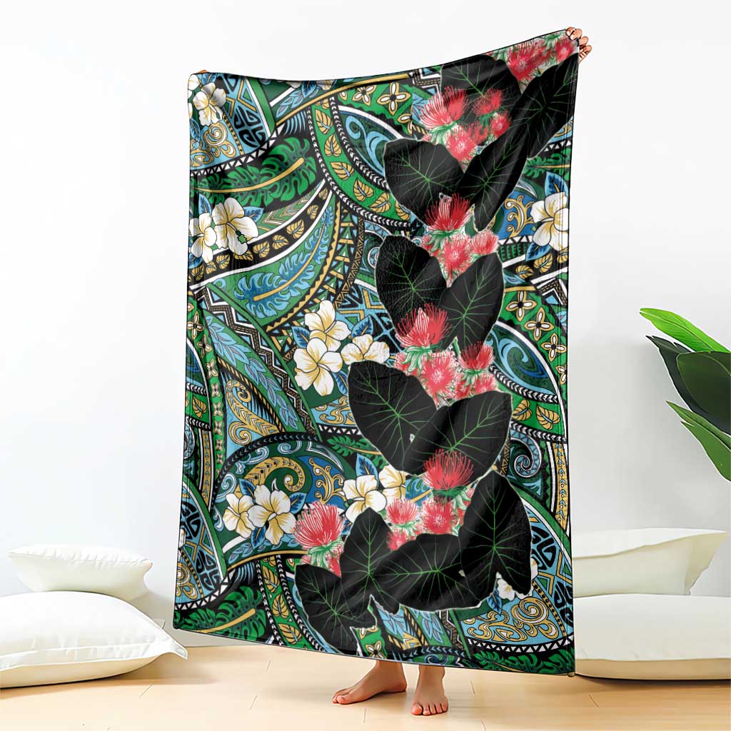 Hawaiian Taro Leaves and Ohia Lehua Blanket Polynesian Tribal Art Tropical Plants Motifs Colorful LT03 - Polynesian Pride