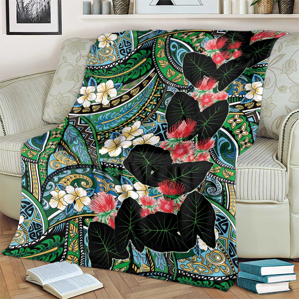 Hawaiian Taro Leaves and Ohia Lehua Blanket Polynesian Tribal Art Tropical Plants Motifs Colorful LT03 - Polynesian Pride