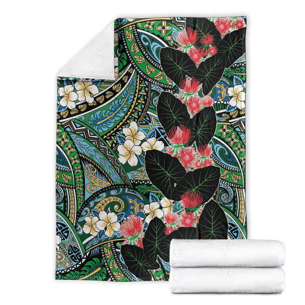 Hawaiian Taro Leaves and Ohia Lehua Blanket Polynesian Tribal Art Tropical Plants Motifs Colorful LT03 - Polynesian Pride