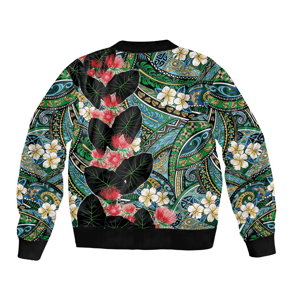 Hawaiian Taro Leaves and Ohia Lehua Bomber Jacket Polynesian Tribal Art Tropical Plants Motifs Colorful LT03 - Polynesian Pride